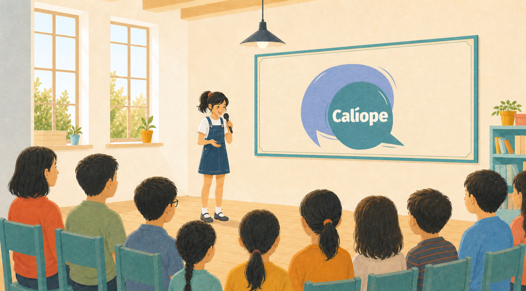 Julia habla con un micrófono ante otros escolares en una pequeña sala durante la competición.
